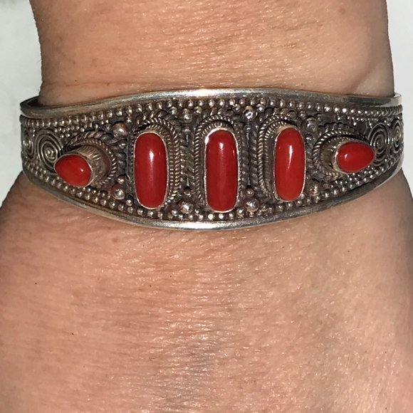 Genuine Coral Sterling Silver Cuff 925 Repousse - Picture 2 of 8